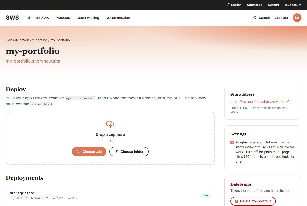 Screenshot: A site in the SWS console, with the Deploy box, deployments and settings