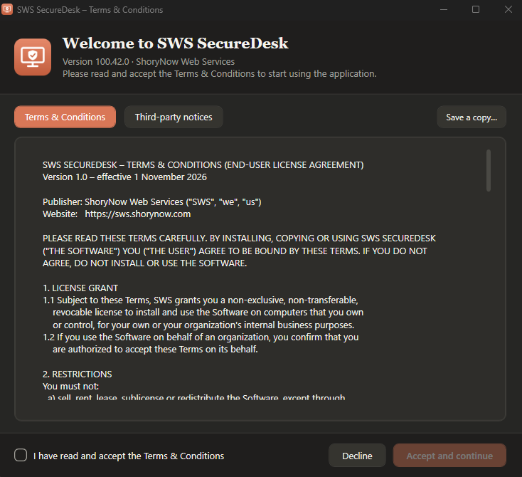 Screenshot: Welcome / Terms & Conditions window